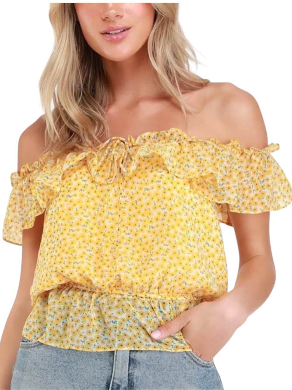 Lulus Lawton Yellow Floral Print Off-the-Shoulder Crop Peplum Top XS Cottagecore